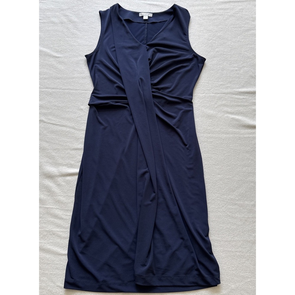 New York & Company Sleeveless Dress Front Drape Pleated Stretch Sz S Navy Blue